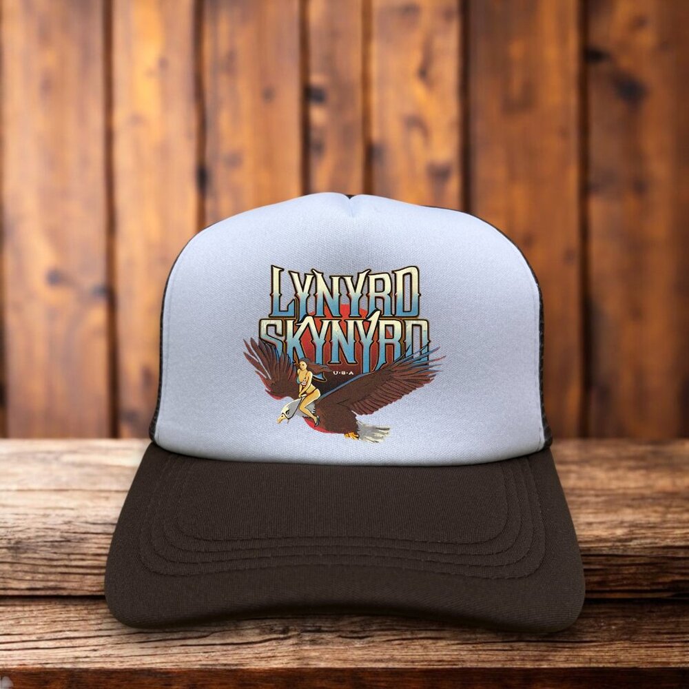 Lynyrd Skynyrd Mens Trucker Hat Brown Snapback Pin Up Girl Eagle Southern Rock